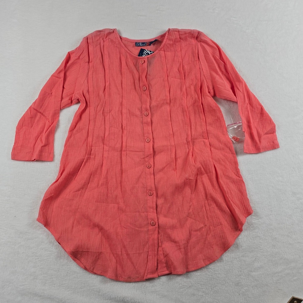 Phool Women Melon Pink Cotton Crinkle Gauze Pintuck 3/4 Sleeve Blouse Small NWT